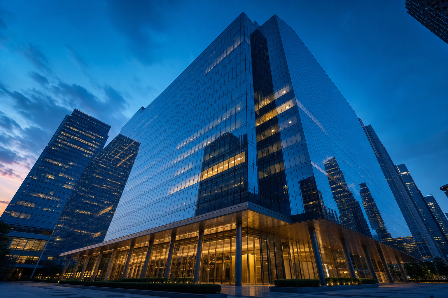 Modern corporate office building at dusk